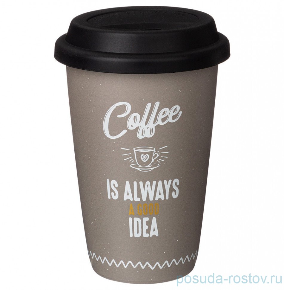 Кружка 390 мл с силиконовой крышкой и ободком серая "Coffemania" / 279663