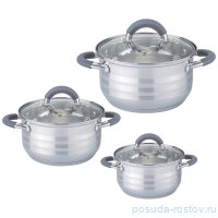 Набор кастрюль 6 предметов (1,8/3,7/5,7 л) со стеклянными крышками силиконовые ручки серые &quot;Agness&quot; / 214450