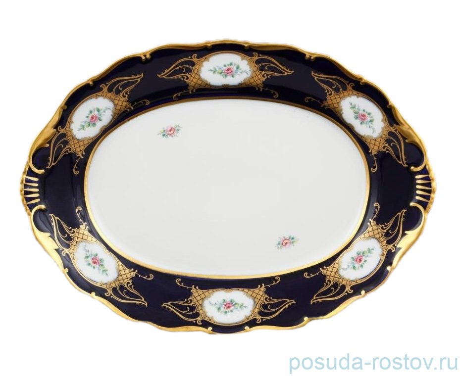 Блюдо 36 см овальное  Bohemia Porcelan Moritz Zdekauer 1810 s.r.o. "Анжелика /Цветы /Кобальт" / 094599