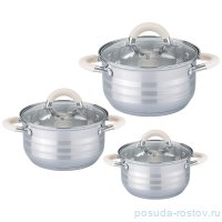 Набор кастрюль 6 предметов (1,8/3,7/5,7 л) со стеклянными крышками силиконовые ручки белые &quot;agness&quot; / 214451
