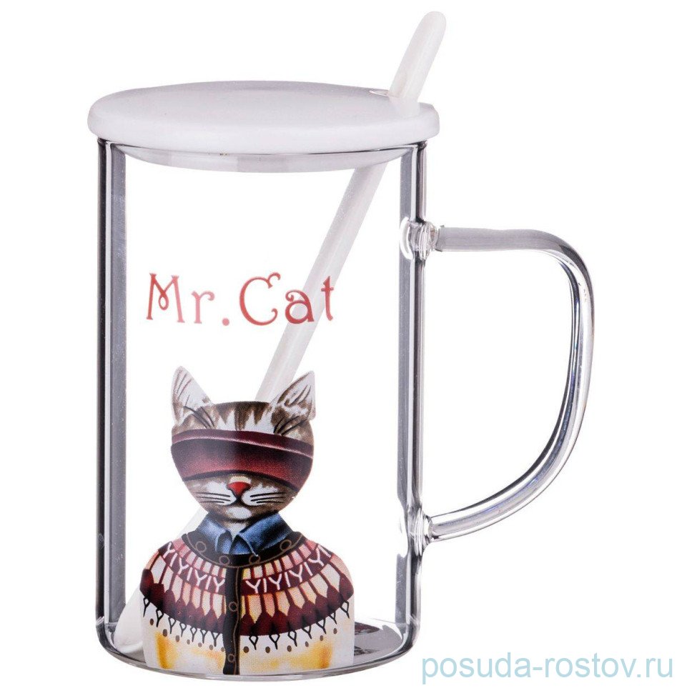 Кружка 400 мл с крышкой и ложкой "mr. cat" / 313684