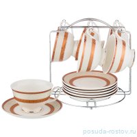 Набор чайных пар 220 мл 6 шт на металлической подставке &quot;Узор на бежевом /Золотые ленты&quot; / 190779