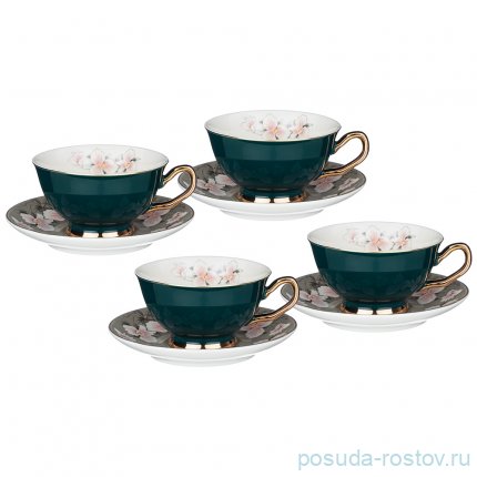 Набор чайных пар 220 мл 4 шт зелёные &quot;Цветы&quot; / 233226