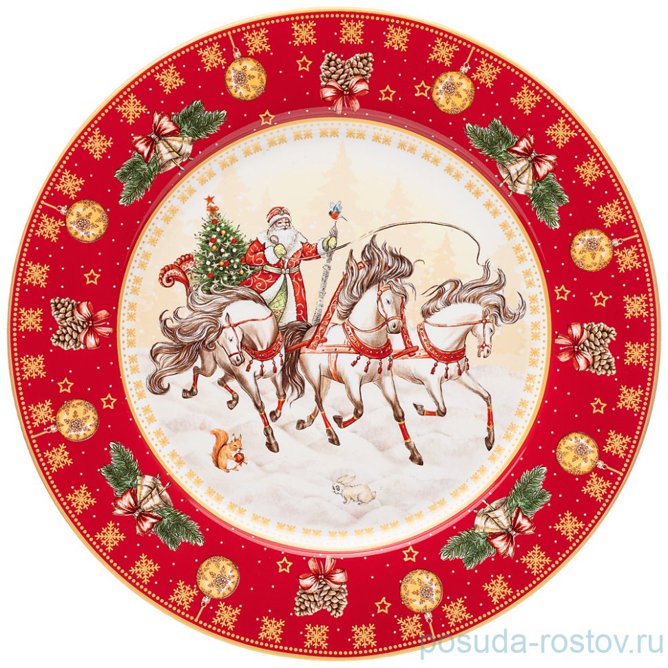Тарелка 26 см красная "с новым годом! /русская тройка" / 254408