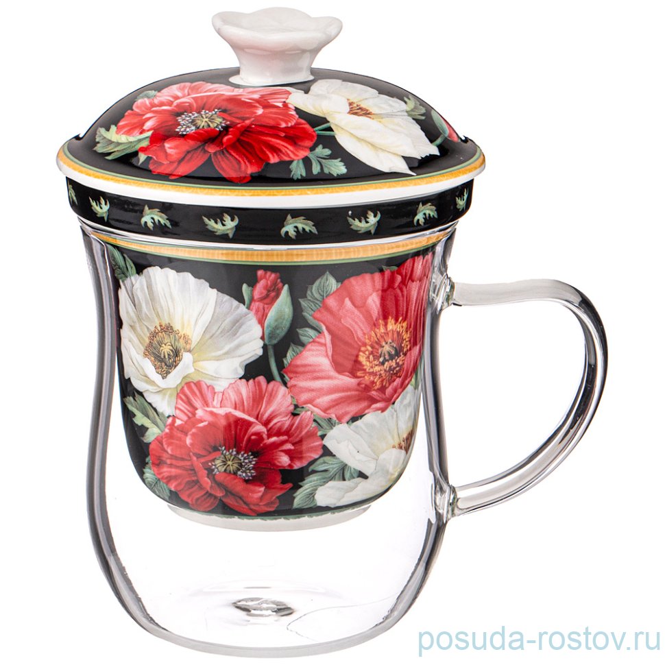 Кружка 400 мл стеклянная с ситом черная "маки" / 234768