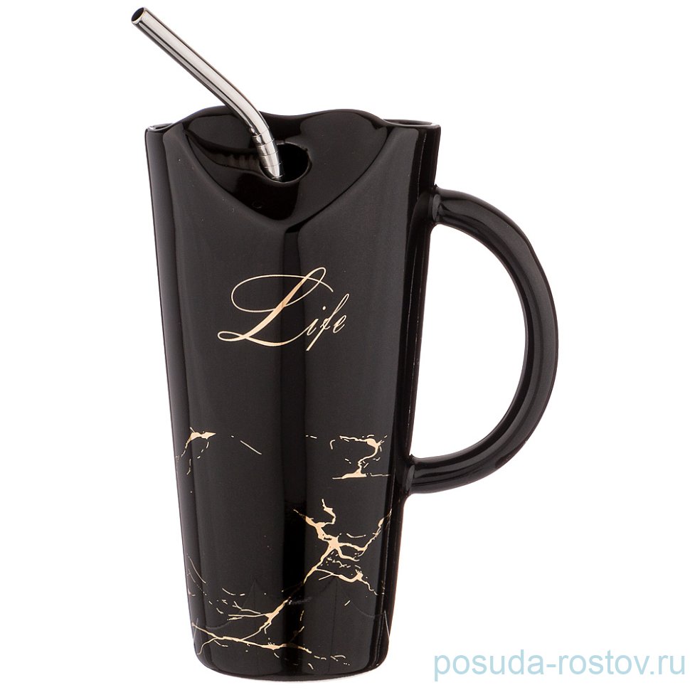 Кружка 480 мл с металлической трубочкой чёрная "Break time /Life" / 206351