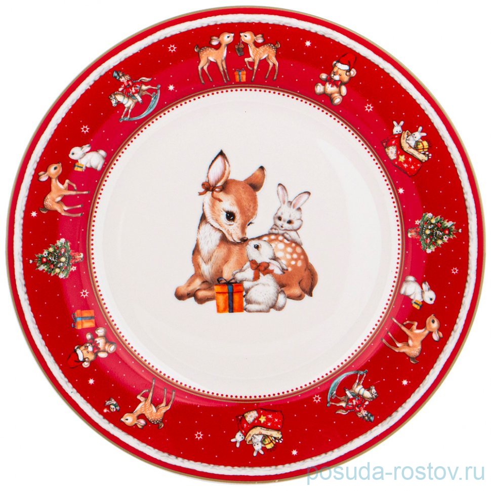 Тарелка 19 см красная "С новым годом! /Оленёнок и зайчата" / 330651