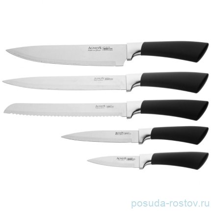 Набор кухонных ножей 6 предметов на пластиковой подставке чёрные Agness / 341635