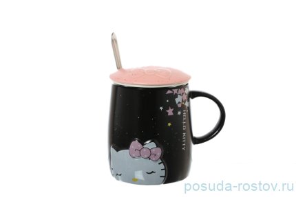 Кружка 400 мл с крышкой и ложкой &quot;Hello Kitty&quot; чёрная / 140352