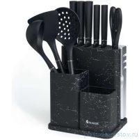 Набор кухонных принадлежностей 11 предметов на подставке с ножеточкой черный мрамор/серый Agness / 379198