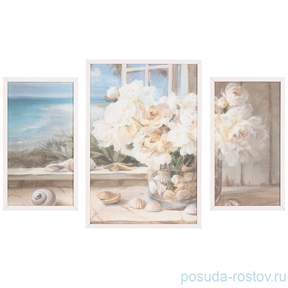 Картина модульная 60 х 90 см "пионы на окне" /рамка белая / 262078