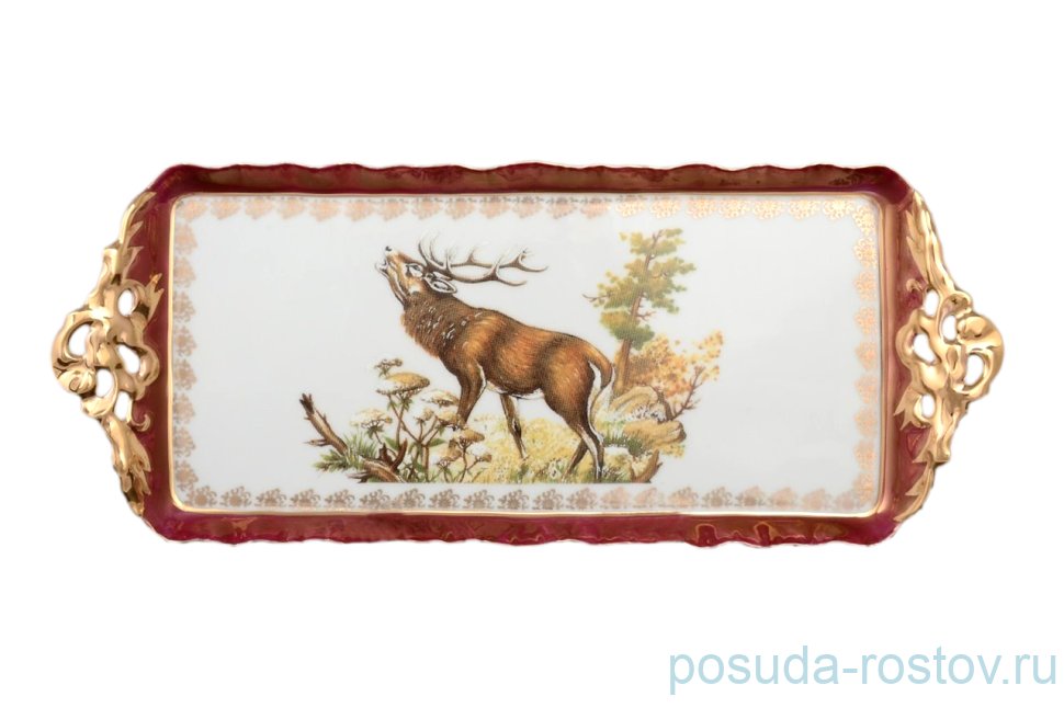 Поднос 40 см прямоугольный с перф. ручками "Корона /Охота красная" / 042386