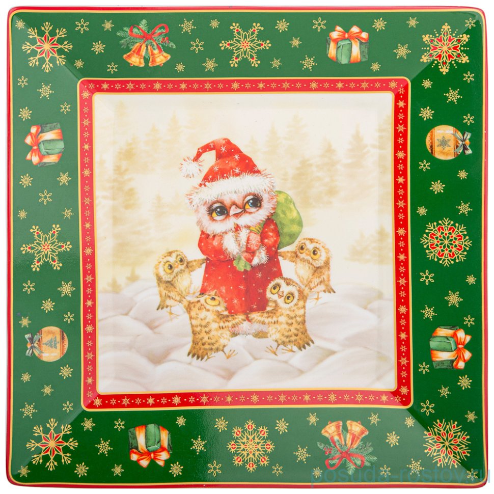 Блюдо 22 х 22 см квадратное зелёное "новогодняя сказка /совы" / 225149