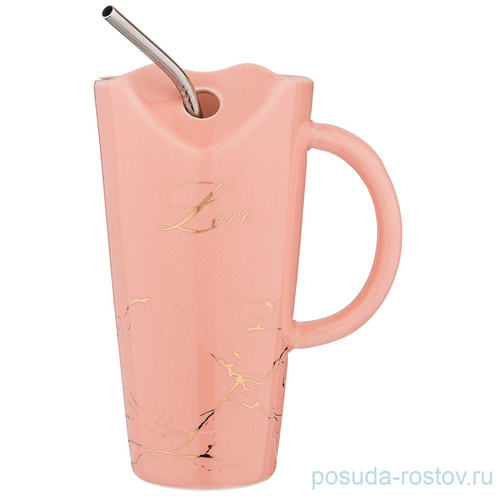 Кружка 480 мл с металлической трубочкой розовая "break time /love" / 206348