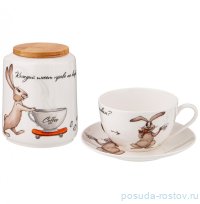 Набор 3 предмета (банка для чая 600 мл с деревянной крышкой + чайная пара 300 мл ) &quot;счастье есть&quot; / 271597