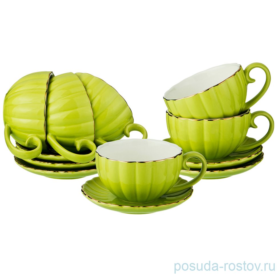 Набор чайных пар 200 мл 6 шт "салатный /золото" / 199096
