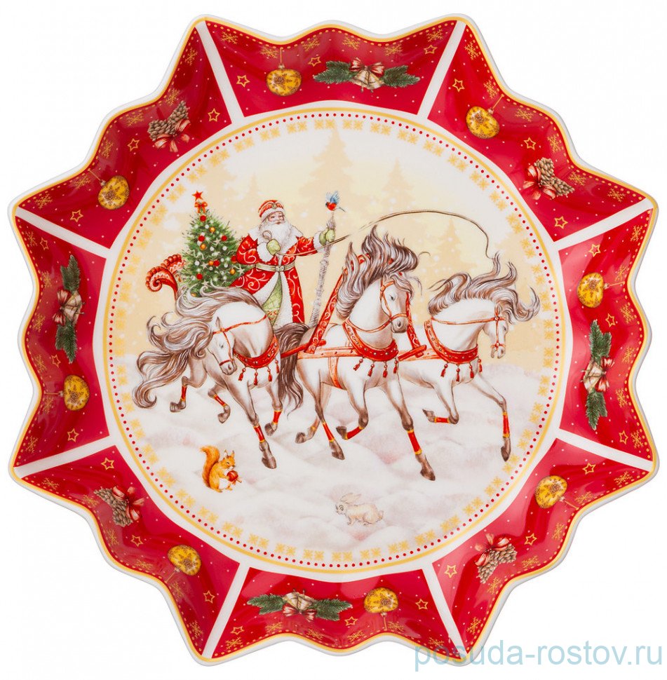 Блюдо 26 см фигурное красное "с новым годом! /русская тройка" / 254427