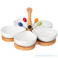 Менажница 5-ти секционная 200 мл на деревянной подставке с деревянной ручкой + 5 вилочек &quot;Native&quot; / 334701