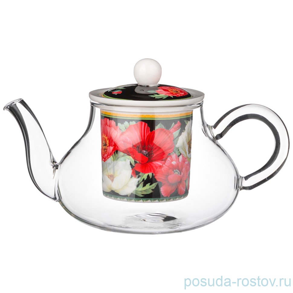 Заварочный чайник 500 мл стеклянный с ситом чёрный "маки" / 254053
